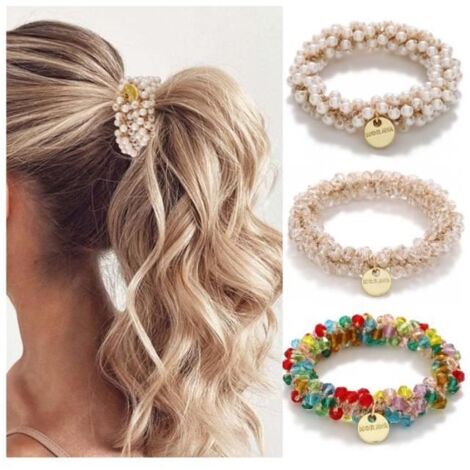 Élastiques à cheveux - Lot de 3 - Perles et strass - Extensibles - Durables - Accessoires mode (1/4)
