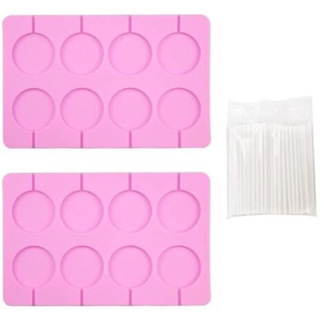 Lot de 2 Moules à Sucettes Ronds en Silicone Bâtonnets de Sucettes Moules à 8 Cavités Rondes avec 100 Bâtonnets Moule à Bonbons Durs (1/4)