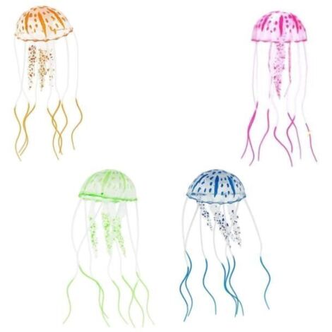 Décoration pour aquarium - Lot de 4 méduses fluorescentes - Silicone - Non toxique - Effet lumineux - Flexible (1/4)