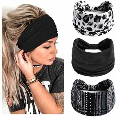 Bandeau Tête de Yoga Wraps Sport,Bandeau Cheveux Femme,Lot de 3 bandeaux larges élastiques à fleurs noires pour femmes et filles (1/4)