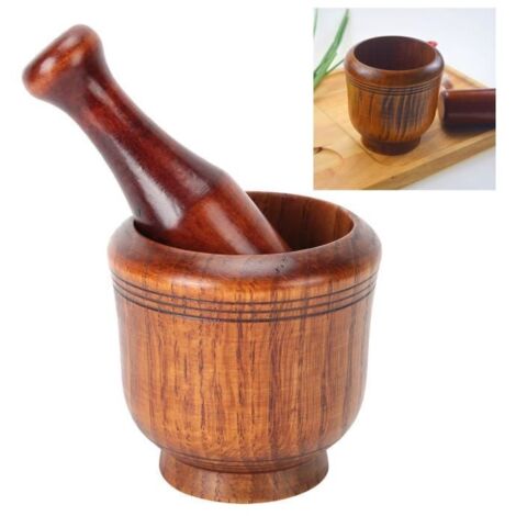 LAR Mortier pilon ensemble Bol de broyage en bois cuisine domestique manuel ail gingembre épices broyeur mortier pilon (1/4)