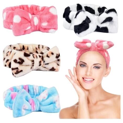 4 Pièces Bandeau Maquillage, Bowknot Bandeau Cheveux Femme Maquillage Bandeau de(Blanc, Rose, Bleu, Léopard, Taille Universelle)-wj (1/4)