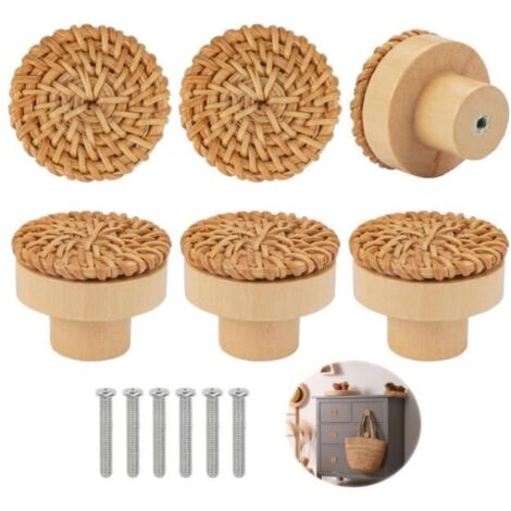 6 Pièces Boutons de Meuble en Rotin Bois, Poignée Meuble Bois, Bouton de Tiroir, Boutons de Portes pour Placards, Boutons de Meuble (1/4)