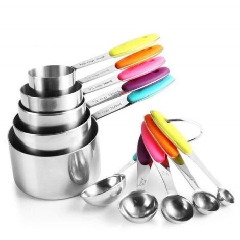 Lot de 10 Cuillere Mesure Tasse Mesure Cuisine avec Poignée en Inox (5 Tasses + 5 Cuillères) (1/4)