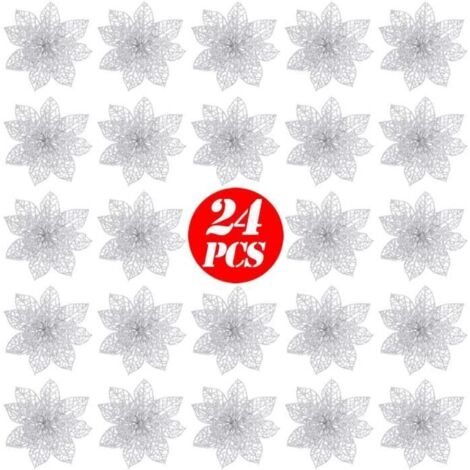 Fleurs Artificielles - Poinsettia - 24 pcs - Argent - Paillette - Décoration Noël (1/4)