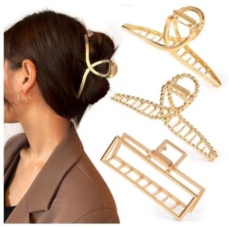 Pinces à cheveux - Tendance - Lot de 3 - Métal doré - Antidérapantes - Pour cheveux longs et épais (1/4)