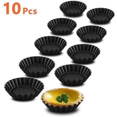 Plat à Tarte, Lot de 10 Moule à Tarte, Revêtement Antiadhésif, Moule à Quiche pour Tartes, Gâteaux, Pudding, Flan (Noir, Ø 9,5cm) (1/3)