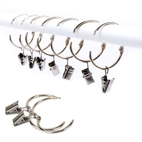 Anneau de 25 pièces avec crochets à pinces, Anneau de suspension pour rideaux en acier inoxydable, Acier inoxydable, facile à ouvrir (1/4)
