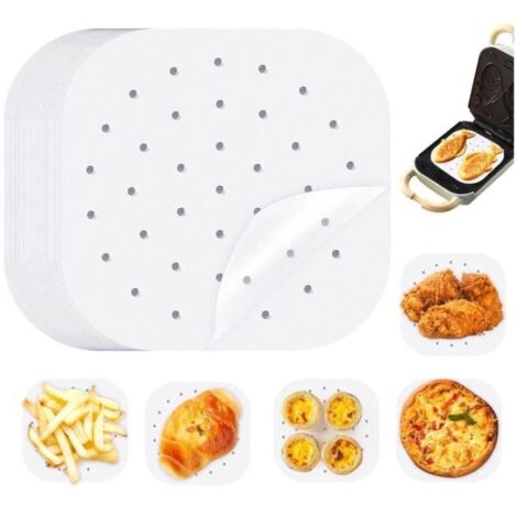 100 Feuilles Papier pour Friteuse à Air,Papier Sulfurisé Air Fryer,Perforé Papier Cuisson Air Fryer,Carré Papier à Vapeur, (1/4)