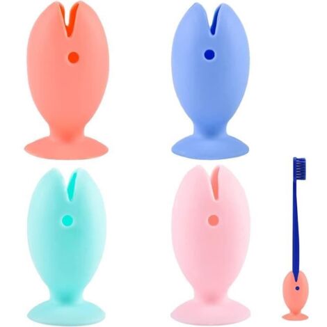 Porte-brosse à dents,Lot de 4 mini brosses à dents en silicone en forme de poisson - Accessoire de salle de bain - Antidérapantes (1/4)