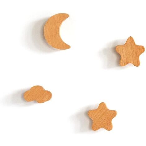 Crochets muraux - Décoration murale - Lot de 4 en Bois - Étoile, Lune, Nuage - Pour Chambre d'enfant - Adhésifs (1/4)