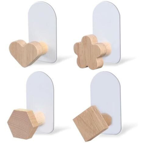 Lot de 4 crochets muraux pour enfants - Sans perçage - En bois - Auto-adhésifs - Pour chambre d'enfant (1/4)