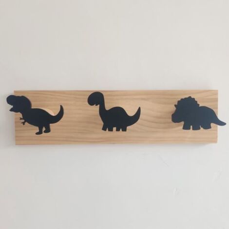 Patère - Enfants - Dinosaure - Bois - Noir - 3 Crochets pour Chambre de Garçon (1/4)