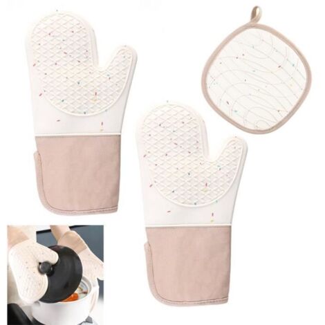 Gants de four - Cuisine - Beige - Silicone et coton - Résistants à la chaleur - 2 gants et 1 manique