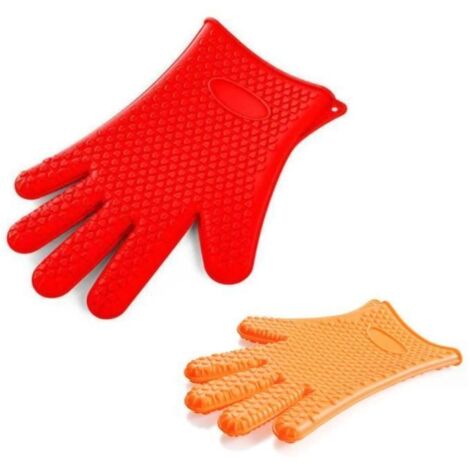 Gants de four - Silicone - Antidérapants - Résistants à la chaleur - Lot de 2 - Orange/Rouge (1/4)