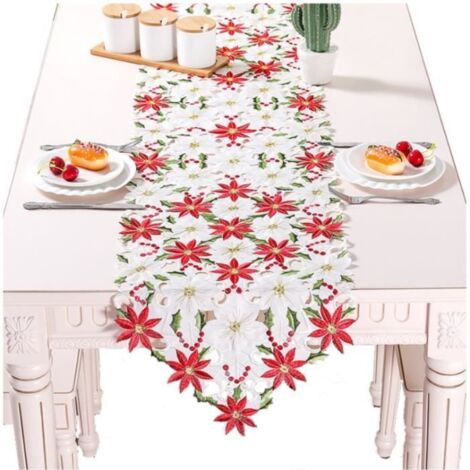Chemins de Table de Noël,Chemin de Table Brodé de Noël,Poinsettia et Houx de Décorations de Noël,Nappe de Table Décorative de Noël (1/4)