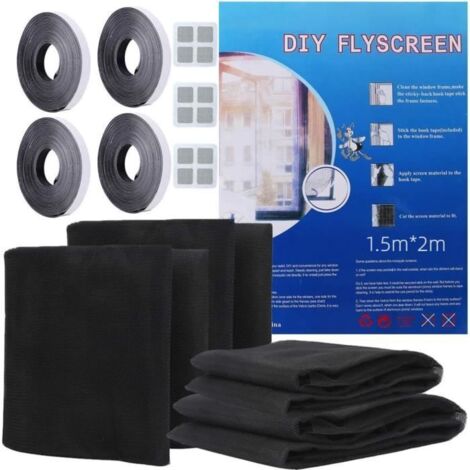 Moustiquaire pour Fenêtre,4Pcs Moustique Insect Mesh avec 4 Auto-Rubans Adhésifs et 3Pcs Patchs de Réparation 1,5 mx2 m - Noir (1/4)