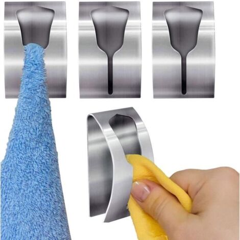 Porte-serviette,Lot de 4 Porte-Serviettes Cuisine Solide Adhésifs en Acier Inoxydable,Patère Autocollant Salle de Bain,5 kg (1/4)
