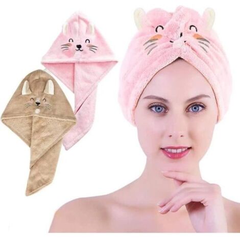 Serviette cheveux - Ultra-absorbante - 2pcs - Polaire corail - Rose et marron (1/4)