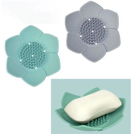 Boîte à Savon - Silicone - Forme de Fleur - Drainage Efficace - Dimensions 12.5x12.5CM - Couleurs Vert et Gris (1/4)