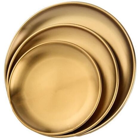 Plateau,Lot de 3 Plateaux Ronds en Laiton doré, Plateaux de Service en Acier Inoxydable, Plateau Traiteur, Plateau decoratif, Doré (1/4)