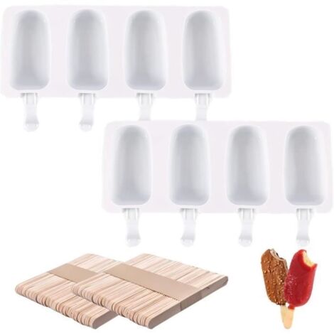 2 moules ovales à 4 cavités, Cake, en silicone réutilisables pour crème glacée maison, Yaourt (100 Bâtonnets en Bois) (1/4)