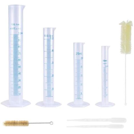 4 Pcs Cylindre Gradué en Plastique Mesure Liquide pour Laboratoire Cuisine avec 2 Brosses de Nettoyage et 2 Pipettes Compte-goutte (1/4)