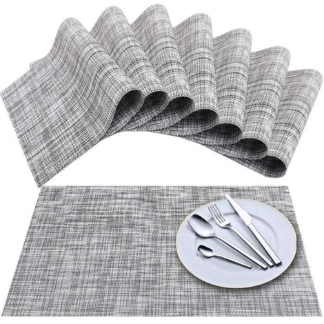 Lot de 8 Tapis de Table tissés en Vinyle à Tissage croisé, Ensemble de Tapis de Table lavables isolants antidérapants - Gris Blanc (1/4)