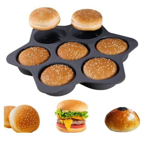 Moule Pain Hamburger en Silicone Rond,Plaque à Petits Pains avec Revêtement Antiadhésif,7 Cavités Perforées,Pour Pain, wj (1/4)