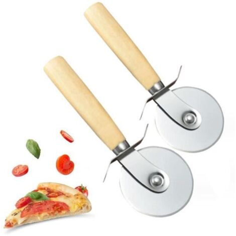 Roulette à pizza - Inox - 17x6.5cm - Poignée en bois - Lot de 2 - Outil de coupe pratique (1/4)