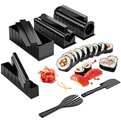 10PCS Kit Sush Maki Complet, Cuisine Machine Sushi Maker Ustensiles avec Couteau + Tapis Rouleaux (1/4)