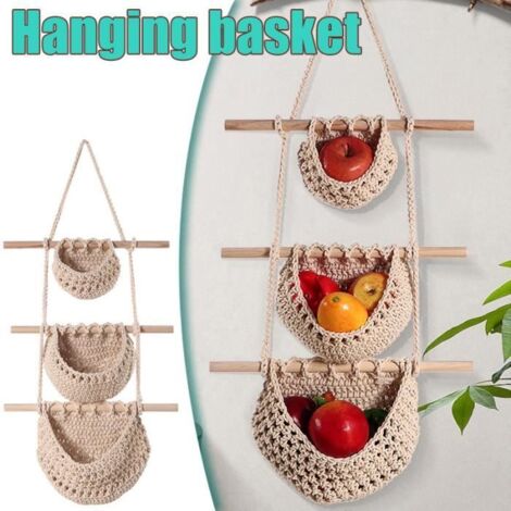 Panier suspendu à fruits à 3 niveaux, poche en filet pour légumes et fruits tissés, Panier de rangement de cuisine murales (1/4)