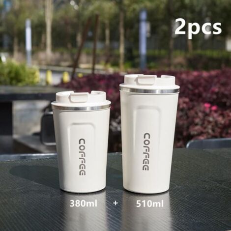 2 tasses à café en acier inoxydable, tasses à café 380 ml + 510 ml, tasse de voyage pour voiture, blanc (1/4)