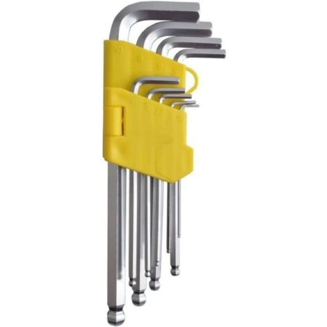 Clé Allen hexagonale - MARQUE - Lot de 9 pièces - Acier chrome-vanadium - Long bras - Tête sphérique (1/4)