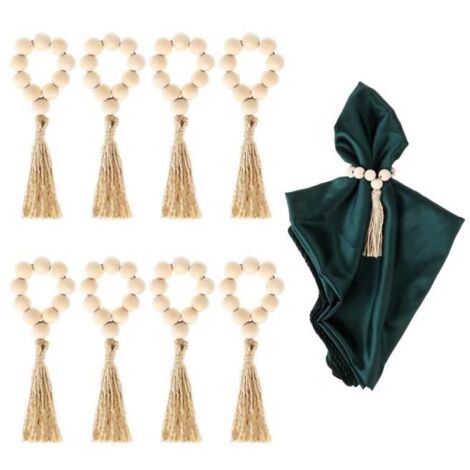 Ronds de serviette - Bohème - 8 pièces - Perles de bois - Corde de jute - Élastiques (1/4)