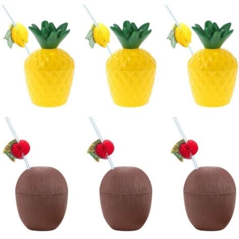 Verre à cocktail,Lot de 6 tasses hawaïennes en plastique en forme d’ananas et de noix de coco - avec 6 pailles à fruits pliables (1/4)