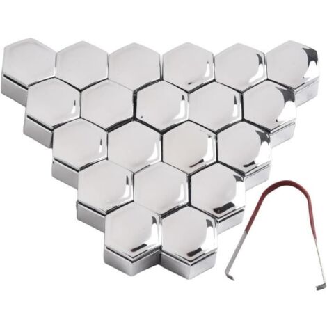 Lot de 20 capuchons d'écrous hexagonaux pour roue de voiture de 22 mm + outil de démontage chromé pour écrous hexagonaux (1/4)