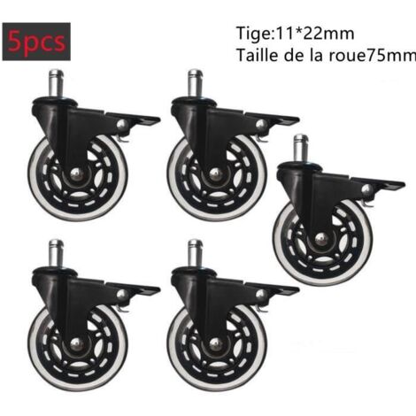 Roulettes de Rechange 75mm 11x22mm Roulettes pour Chaise de Bureau (avec freins), 5pcs Roulettes pour Chaise Robustes et (1/4)