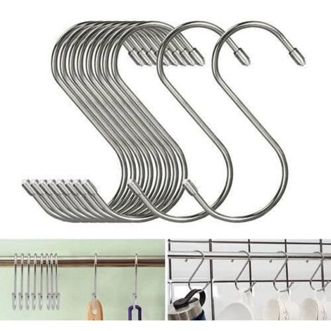 20x crochets en forme de S en acier inoxydable suspendus grands cintres placard à ustensiles de cuisine (1/4)