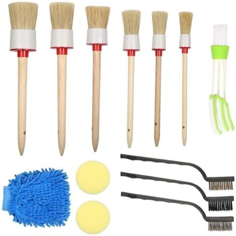 LANMOK Kit de Brosses de Lavage pour Voiture 6 Pcs Pinceaux de Détail d'Auto Taille Difféfante et 3 Brosses Métalliques avec Manche (1/4)