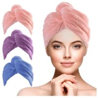Serviette Cheveux, 3pcs Cheveux Séchage Serviettes, Super Serviette Microfibre Cheveux pour Cheveux Turban avec Bouton de Design