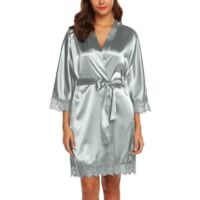 Peignoir de bain - Peignoir Satin Soie - Modèle Court - Col V Oblique - Taille M - Gris