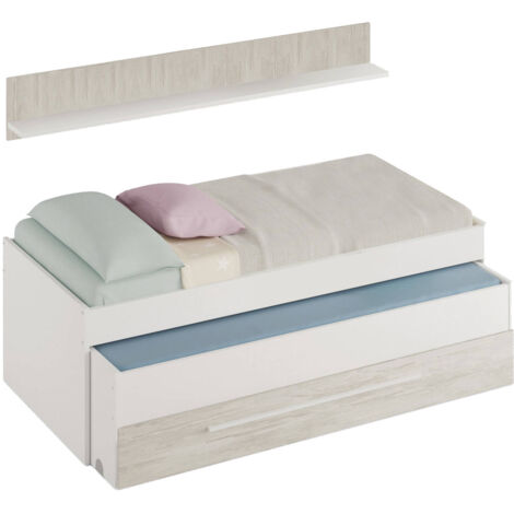 Dmora - Letto per bambini Sunnyvale, Struttura letto per cameretta, Letto singolo con lettino estraibile, cassettone e mensola, 199x96h65 cm, Bianco