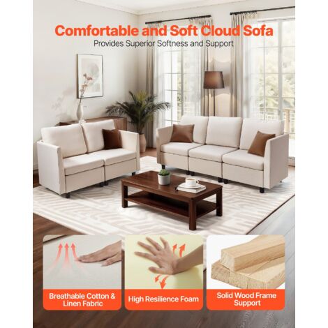Canapé modulable sectionnel 5 places, canapé d'angle convertible moderne en mousse haute résilience avec rangement dissimulé, sofa rembourré avec cadre en bois massif, pour salon, chambre, beige (1/5)