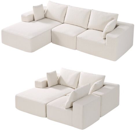 Canapé sectionnel modulaire, avec méridienne, canapé modulaire en forme de L, avec éponge à rebond élevé et densité, en velours côtelé rembourré, avec coussin, pour salon, appartement, beige (1/5)