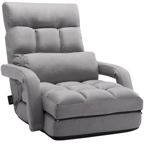 Chaise de sol pliante, fauteuil de sol à 5 positions réglables et support dorsal, chaise de canapé avec accoudoirs pour adultes, canapé-lit avec coussin de dossier pour salon et chambre, gris (1/5)