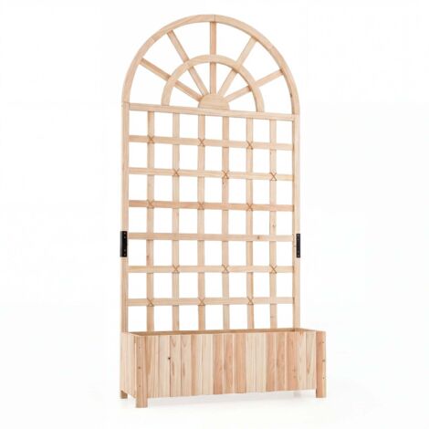 Bac de Jardin Surélevé en Bois de Sapin 180cm avec Trellis, Paravent de Confidentialité Extérieur, Bac à Planter 2 en 1 avec Toit Arrondi Naturel