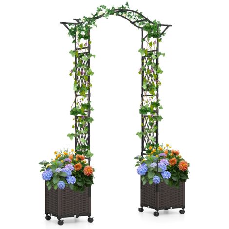 Arche de Jardin 207x250cm avec 2 Bac à Planter Auto-Arrosage, Treillis Métal Revêtu PE Noir, Roulettes Verrouillables pour Plantes Grimpantes et Décoration Extérieure