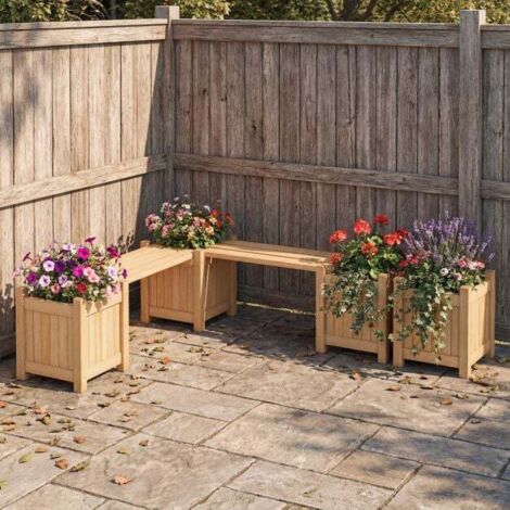 Banc de Jardin en Bois Massif avec 2 Bac à Fleurs, Ensemble 2 en 1 Banc + Pots de Jardin, Finition Huile de Teck Hydrofuge pour Terrasse et Balcon
