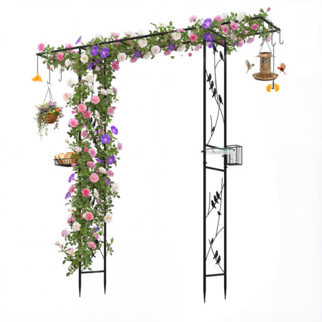 Arche de Jardin Métallique Noire Multi-Fonctions, Poste d’Alimentation pour Oiseaux avec Bol d’Eau et Plateaux Grillagés, Treillis Latéral pour Plantes Grimpantes, Structure Galvanisée à Enfoncer